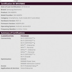 Galaxy A6 tầm trung rò rỉ chứng nhận Wifi